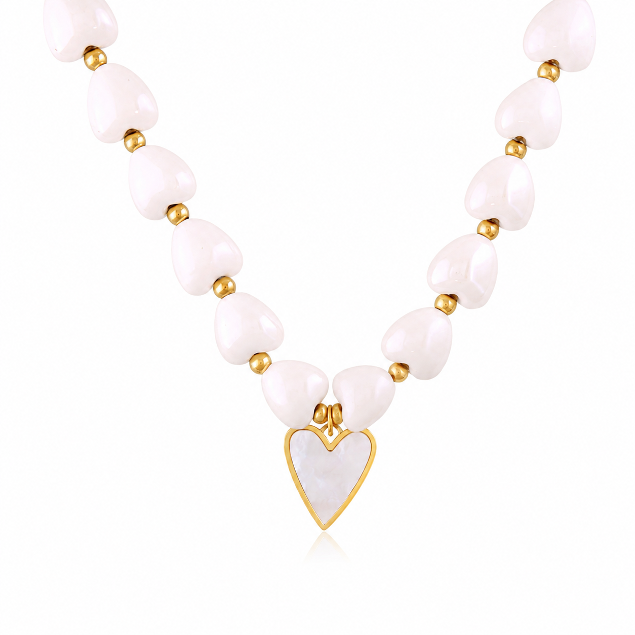 White Heart Bead Necklace – Stainless Steel