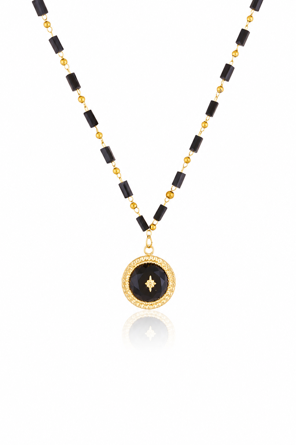 Black Beaded Pendant Necklace – Stainless Steel