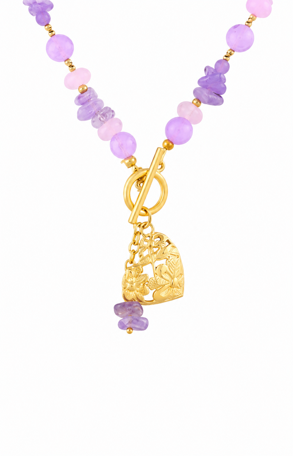 Purple Beaded Heart Necklace – Stainless Steel