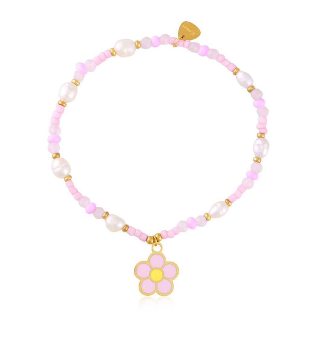 Pink Flower Surgical Steel Beaded Bracelet
