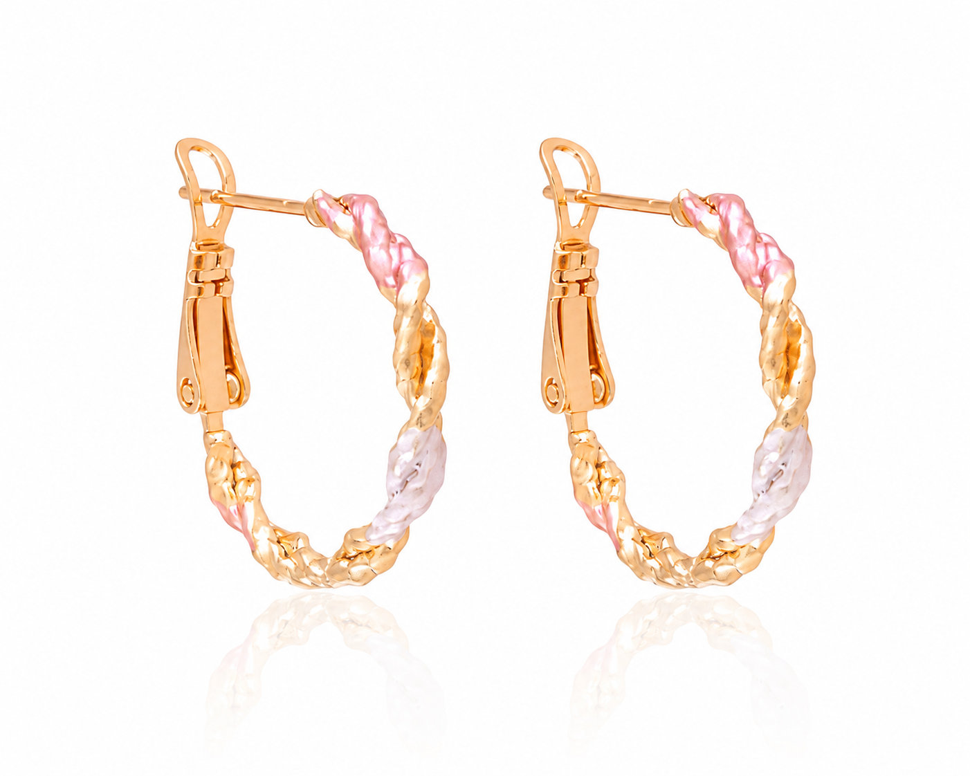 18K Gold Plated Twisted Pink & White Accent Hoop Earrings