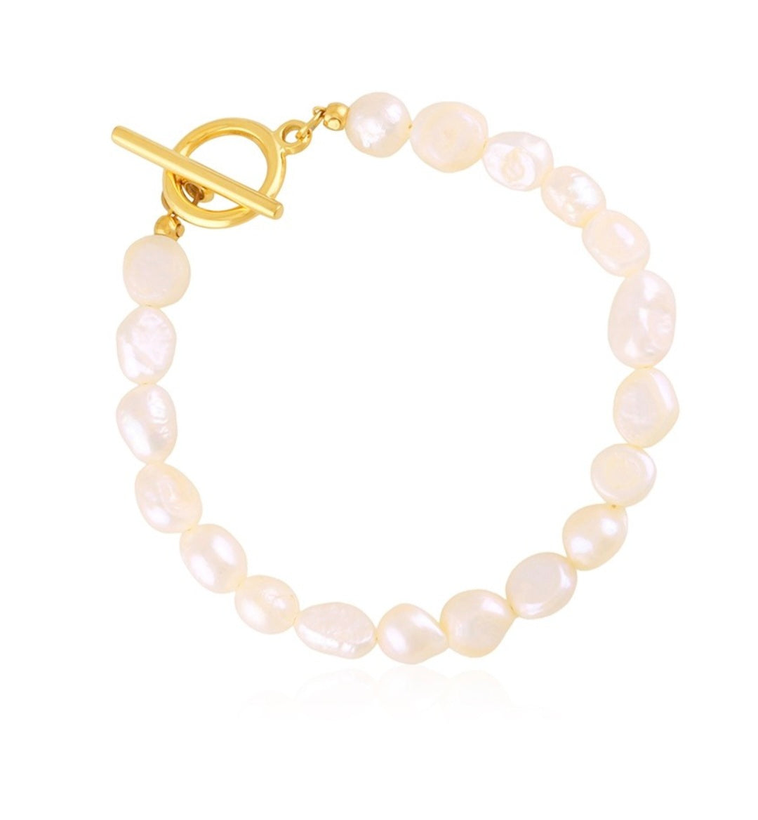 Pearl Surgical Steel Bracelet with Gold Toggle Clasp